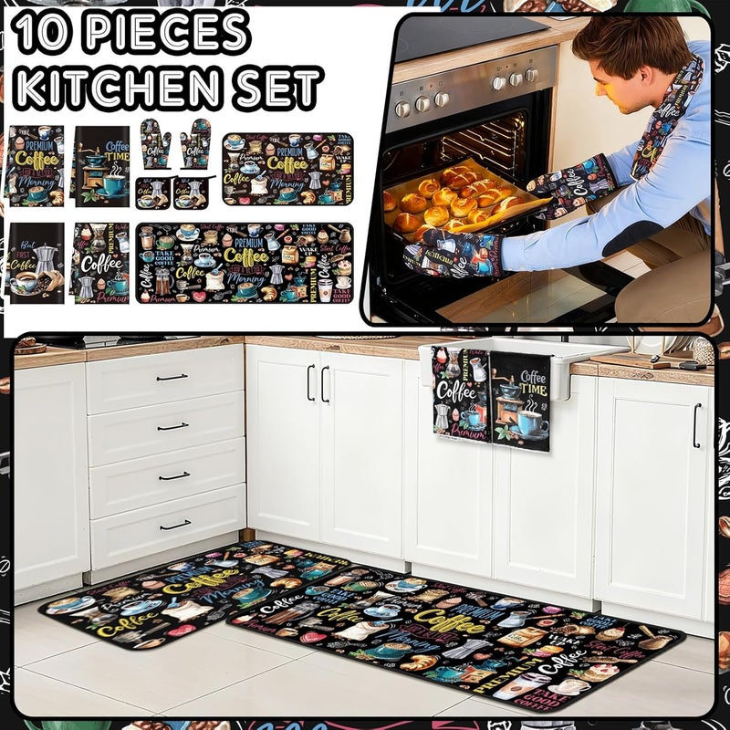 Fourluoo 10 Pcs Coffee Kitchen Decor Set Coffee Kitchen Dish Towels Oven Mitts and Pot Holders Farmhouse Rugs Mats Vintage Black Potholders for Chef Baking Cooking Grilling BBQ Women Accessories Gift - Image 2